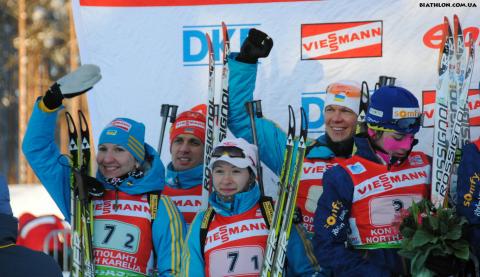 DERYZEMLYA Andriy, , SEDNEV Serguei, , BILOSYUK Olena, , BURDYGA Natalya. Kontiolahti 2012. World cup