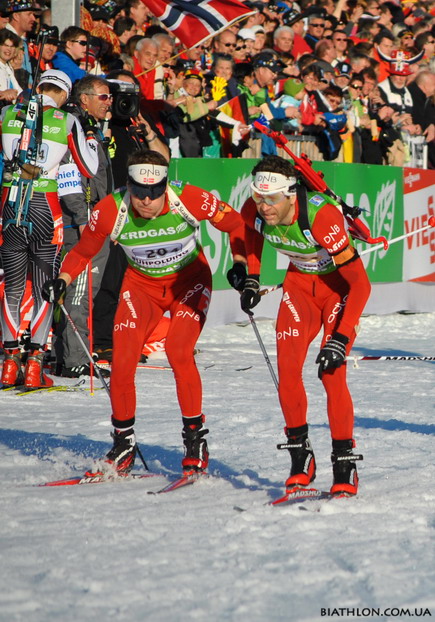 BJOERNDALEN Ole Einar, , SVENDSEN Emil Hegle. Ruhpolding 2012. Mixed relay