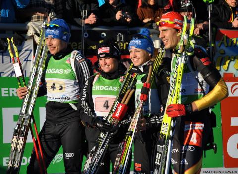BIRNBACHER Andreas, , HENKEL Andrea, , NEUNER Magdalena, , PEIFFER Arnd. Ruhpolding 2012. Mixed relay