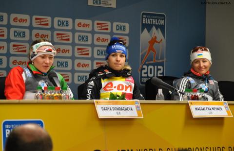 NEUNER Magdalena, , SEMERENKO Vita, , DOMRACHEVA Darya. Ruhpolding 2012. Sprint. Women