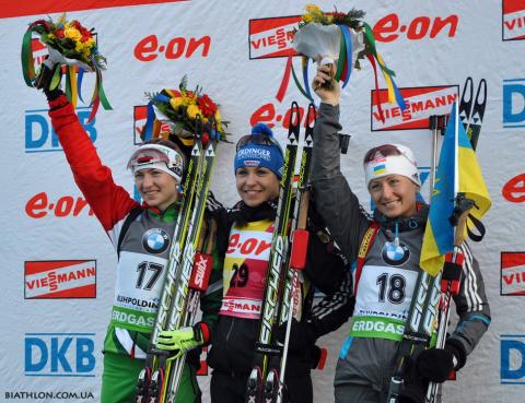 NEUNER Magdalena, , SEMERENKO Vita, , DOMRACHEVA Darya. Ruhpolding 2012. Sprint. Women