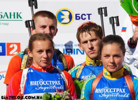 PETRENKO Iryna, , BRYHYNETS Yuliya, , DAKHNO Olexandr, , PIDRUCHNUY Dmytro. Ufa 2012. Summer world biathlon championship. Junior mixed relay