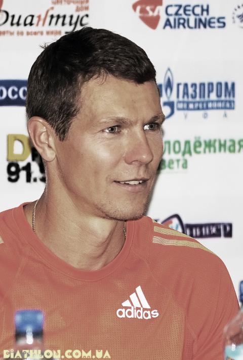 DERYZEMLYA Andriy. Ufa 2012. Summer world biathlon championship. Press conference after mixed relay