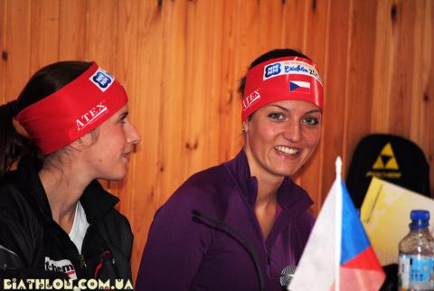 JOHANIDESOVA Lea, , LANDOVA Jitka. Ufa 2012. Summer world biathlon championship. Press conference after mixed relay