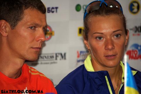 DERYZEMLYA Andriy, , ZAITSEVA Olga. Ufa 2012. Summer world biathlon championship. Press conference after mixed relay