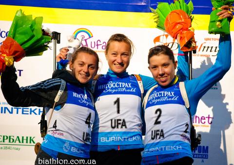PETRENKO Iryna, , PODCHUFAROVA Olga, , SMIRNOVA Kristina. Ufa 2012. Summer world biathlon championship. Pursuits