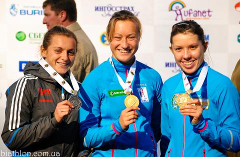 PETRENKO Iryna, , PODCHUFAROVA Olga, , SMIRNOVA Kristina. Ufa 2012. Summer world biathlon championship. Pursuits