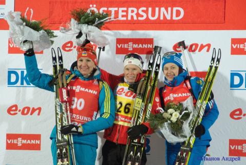BERGER Tora, , BILOSYUK Olena, , VILUKHINA Olga. Ostersund 2012. Olena Pidhrushna second in sprint