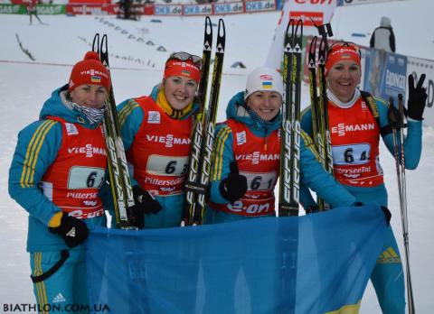 SEMERENKO Valj, , SEMERENKO Vita, , BILOSYUK Olena, , DZHIMA Yuliia. Hochfilzen 2012. Women relay