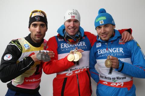 SVENDSEN Emil Hegle, , SHIPULIN Anton, , FOURCADE Martin. Nove Mesto 2013. Medalists of the pursuit races