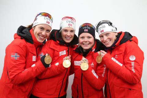 BERGER Tora, , FLATLAND Ann Kristin, , SOLEMDAL Synnoeve, , FENNE Hilde. Nove Mesto 2013. Medalists of the relay races