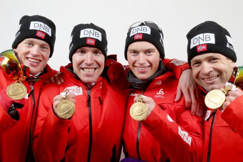 BJOERNDALEN Ole Einar, , SVENDSEN Emil Hegle, , BOE Tarjei, , L'ABEE-LUND Henrik. Nove Mesto 2013. Medalists of the relay races