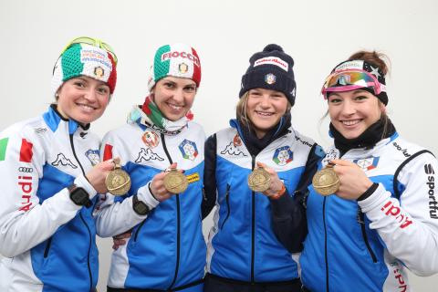 PONZA Michela, , OBERHOFER Karin, , WIERER Dorothea, , GONTIER Nicole. Nove Mesto 2013. Medalists of the relay races