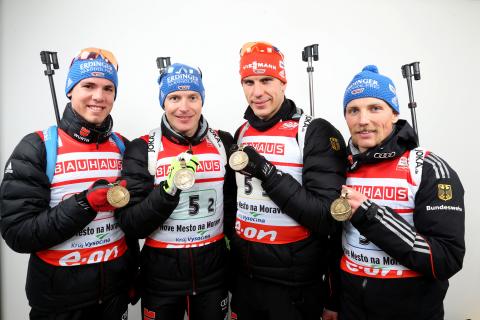 BIRNBACHER Andreas, , PEIFFER Arnd, , SCHEMPP Simon, , LESSER Erik. Nove Mesto 2013. Medalists of the relay races