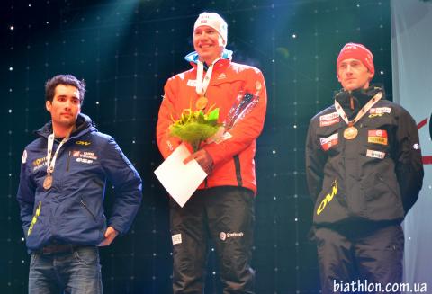 SVENDSEN Emil Hegle, , FAK Jakov, , FOURCADE Martin. Nove Mesto 2013. Sprint. Men