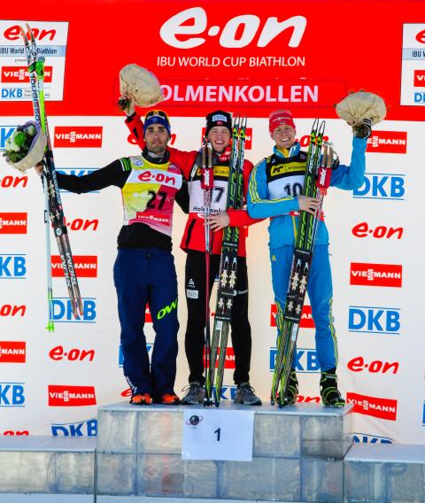 DERYZEMLYA Andriy, , BOE Tarjei, , FOURCADE Martin. Holmenkollen 2013. Sprint. Men